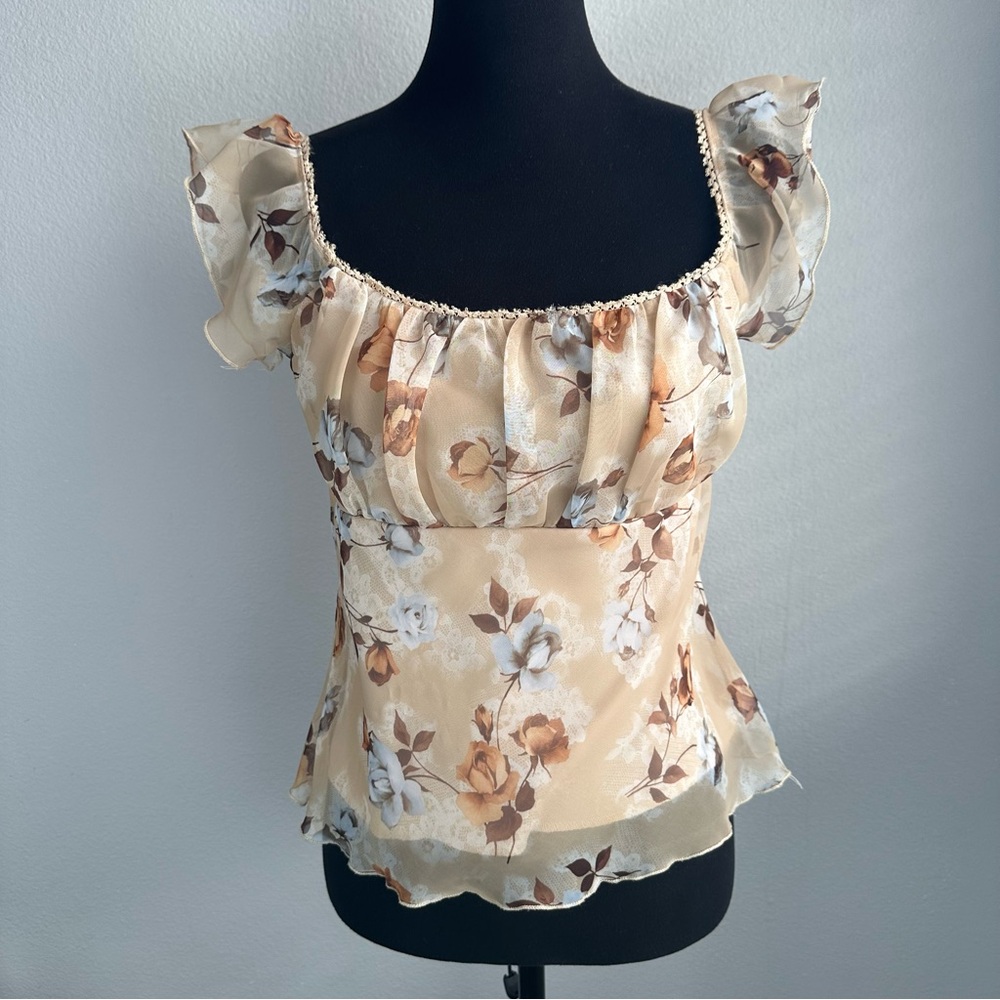 Vintage Candies Top Womens Large Floral Ruffle Sleeve Dainty Romantic Milkmaid